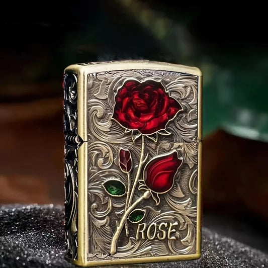 Exquisitely Carved Rose Armor Golden Windproof Lighter for Boyfriend Gift